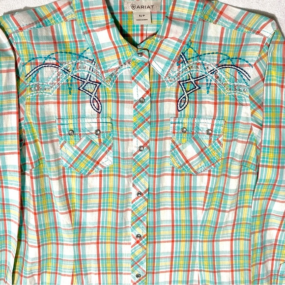 NEW ARIAT PASTEL PLAID RHINESTONE SNAP FRONT BLING EMBROIDERED WESTERN SHIRT SzS - Picture 9 of 11